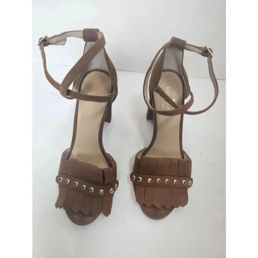 Kate Spade Brown Suede Block Heels Kiltie Fringe Cross Straps Size 7. - Picture 3 of 8
